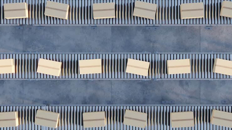 Cardboard boxes on conveyor rollers. infinite 3d loop