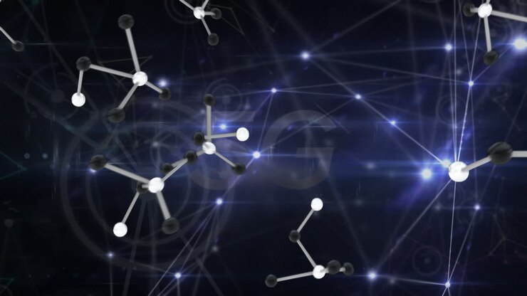 Animation of molecules falling over network of connections on violet background