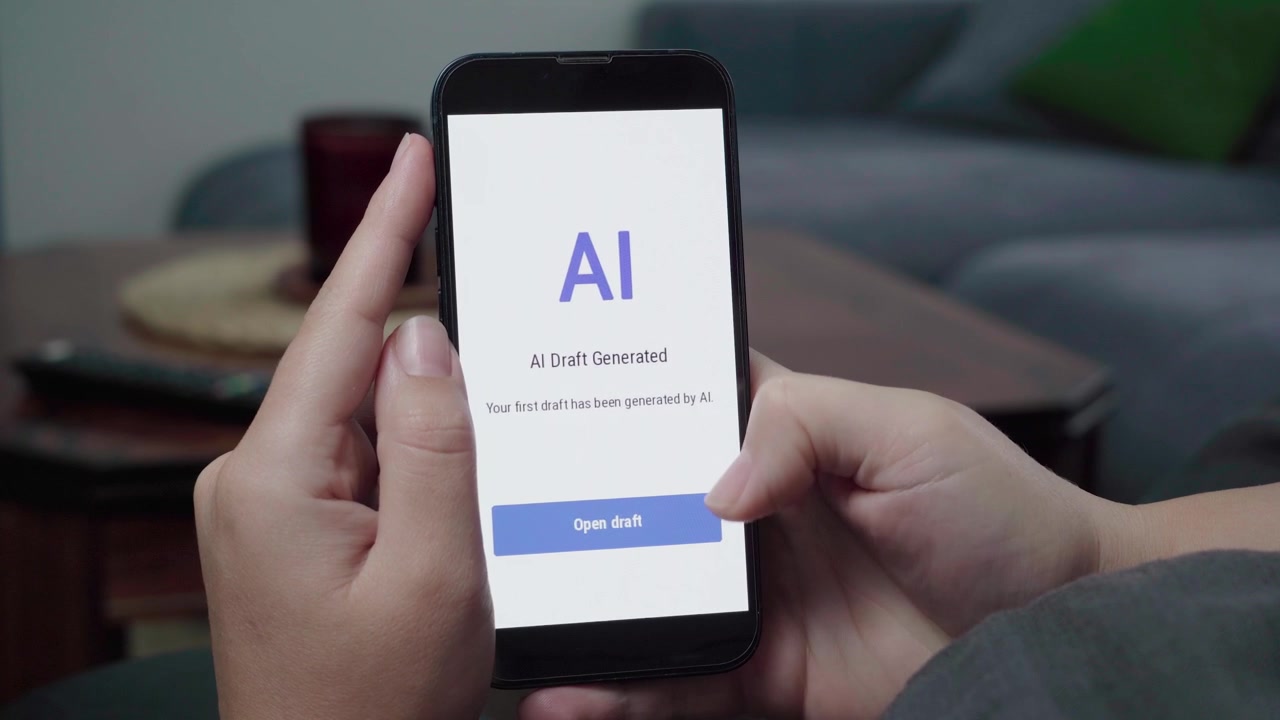 Un utente domestico rilassato visualizza una notifica di bozza generata dall'IA con una call-to-action 'Apri bozza' su un'app di scrittura per smartphone.