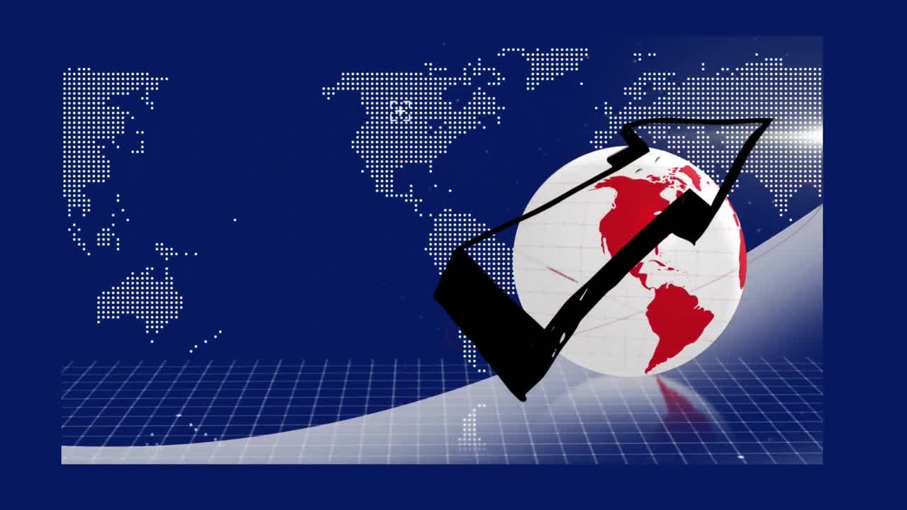 파란색 배경의 세계 지도 위에 화살표와 성공 텍스트를 가진 지구의 애니메이션