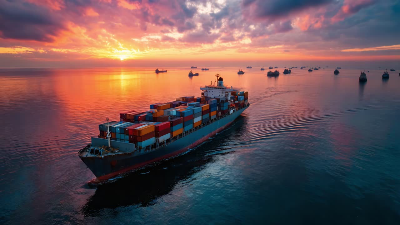 A Majestic Container Ship Gliding Through Tranquil Waters at Sunset, Surrounded by Other Vessels Under a Vibrant Sky Filled with Colors