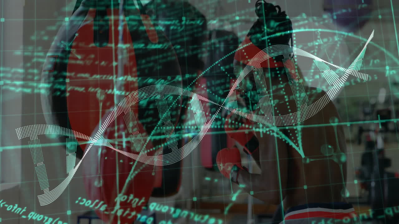 Mature male trainer guiding female athlete in boxing gym, displaying digital helix and data grid