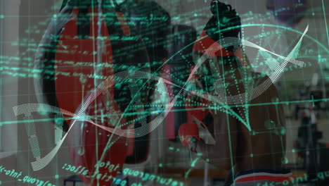 mature male trainer guiding female athlete in boxing gym, displaying digital helix and data grid
