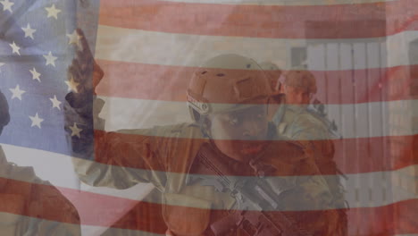 animación de la bandera de américa sobre diversos soldado con arma instruyendo subordinado durante la guerra