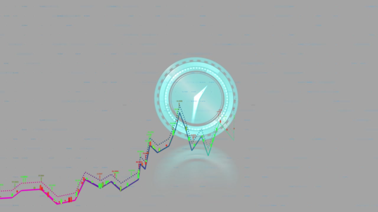 Cyan circular dial pulsing and rotating rings as colorful chart peak reaching dial, showing trends