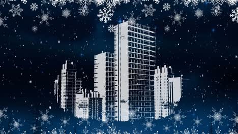 Animation-of-white-christmas-snowflakes-falling-in-night-sky-over-white-modern-buildings
