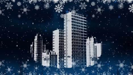 animation of white christmas snowflakes falling in night sky over white modern buildings