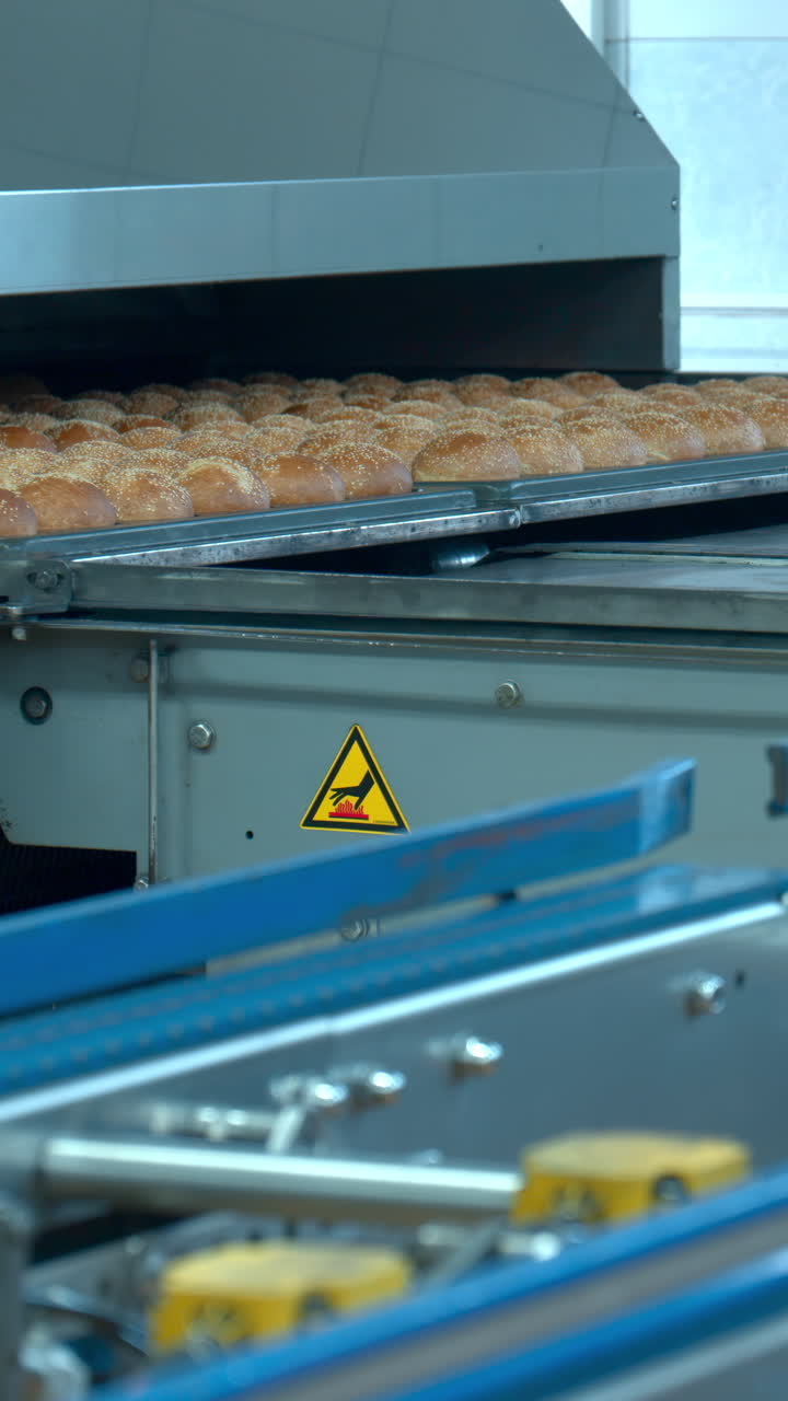 Golden Brown Hamburger Buns on a Bakery Production Line