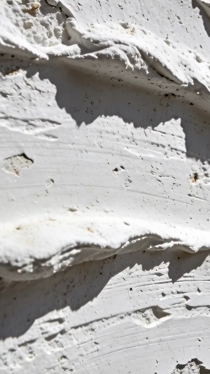 Video verticale: La telecamera si muove verso il basso su una parete soleggiata, rivelando le striature della cazzuola e i microfori per i dettagli.