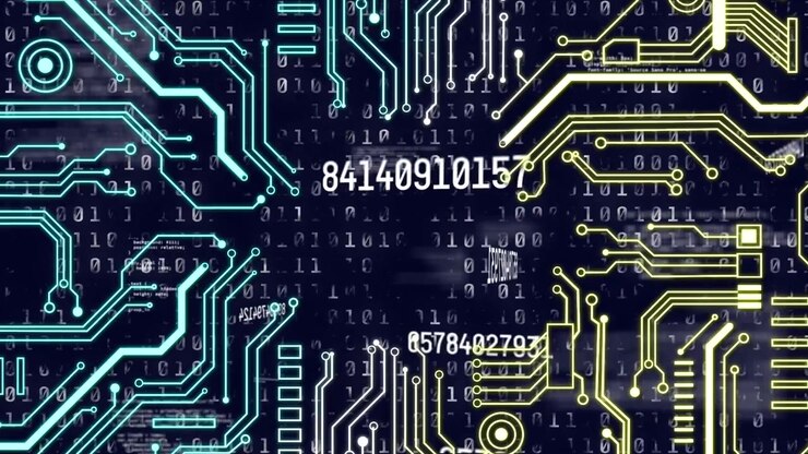 Digitalt printkort med strømmende binær kode og datanumre.