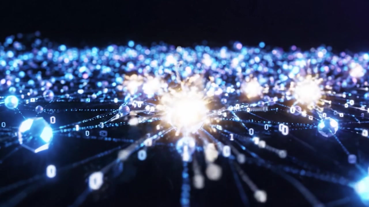A Stunning Visualization of a Futuristic Network of Digital Particles and Binary Code Glowing in a Dark Background, Representing Advanced Technology and Connectivity.