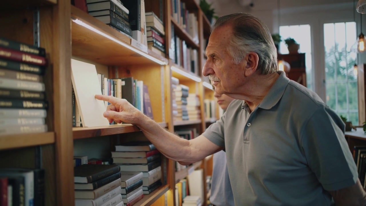 Individuando un libro chiaro, un uomo anziano in polo grigia lo seleziona dagli scaffali di casa, con spazio per il testo.