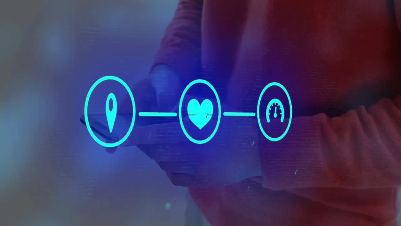 animación de diagrama de flujo de iconos sobre la sección media de un hombre caucásico hablando con su teléfono inteligente