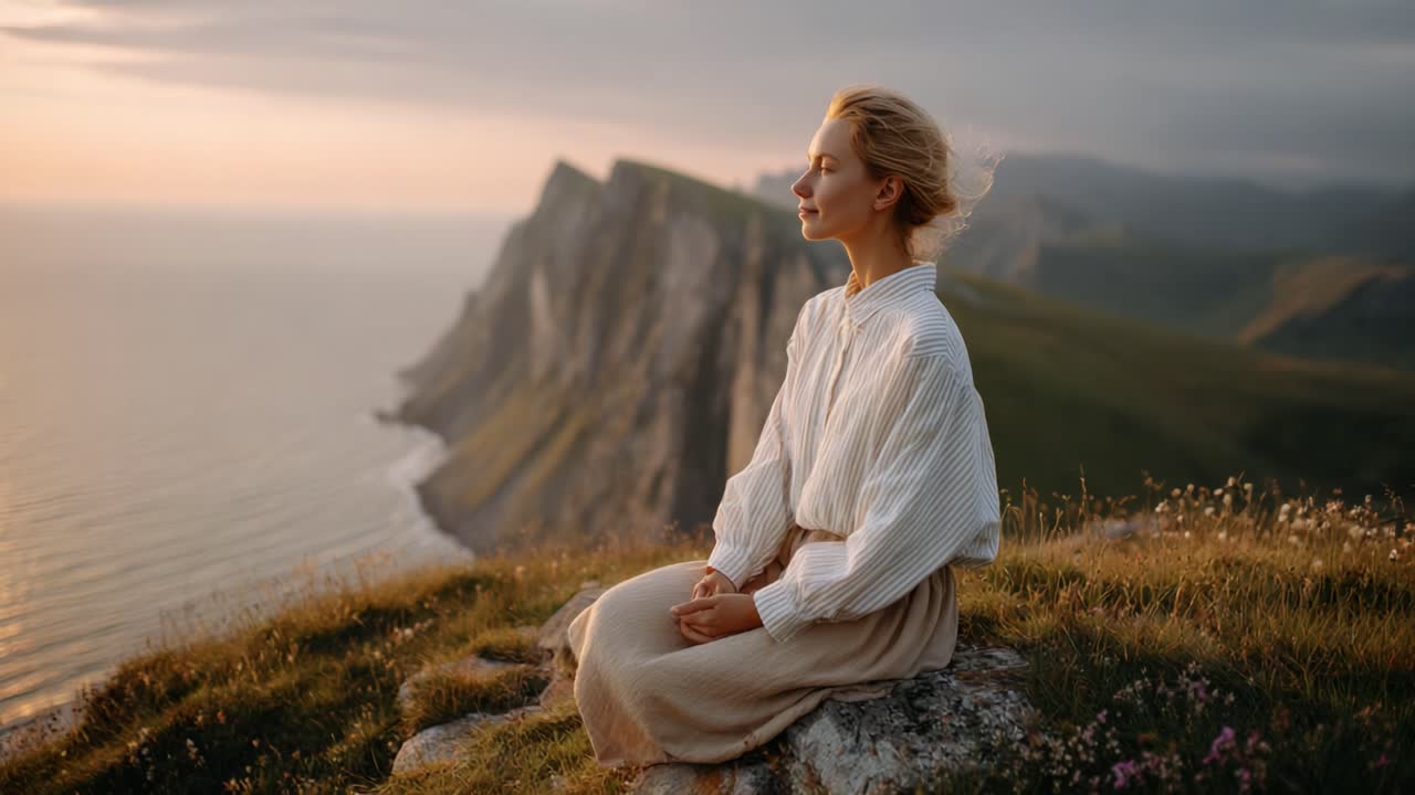 A Serene Moment of Reflection: A Woman Meditates at a Scenic Cliffside Overlooking a Tranquil Sea During Sunset, Embracing Nature's Beauty and Calmness