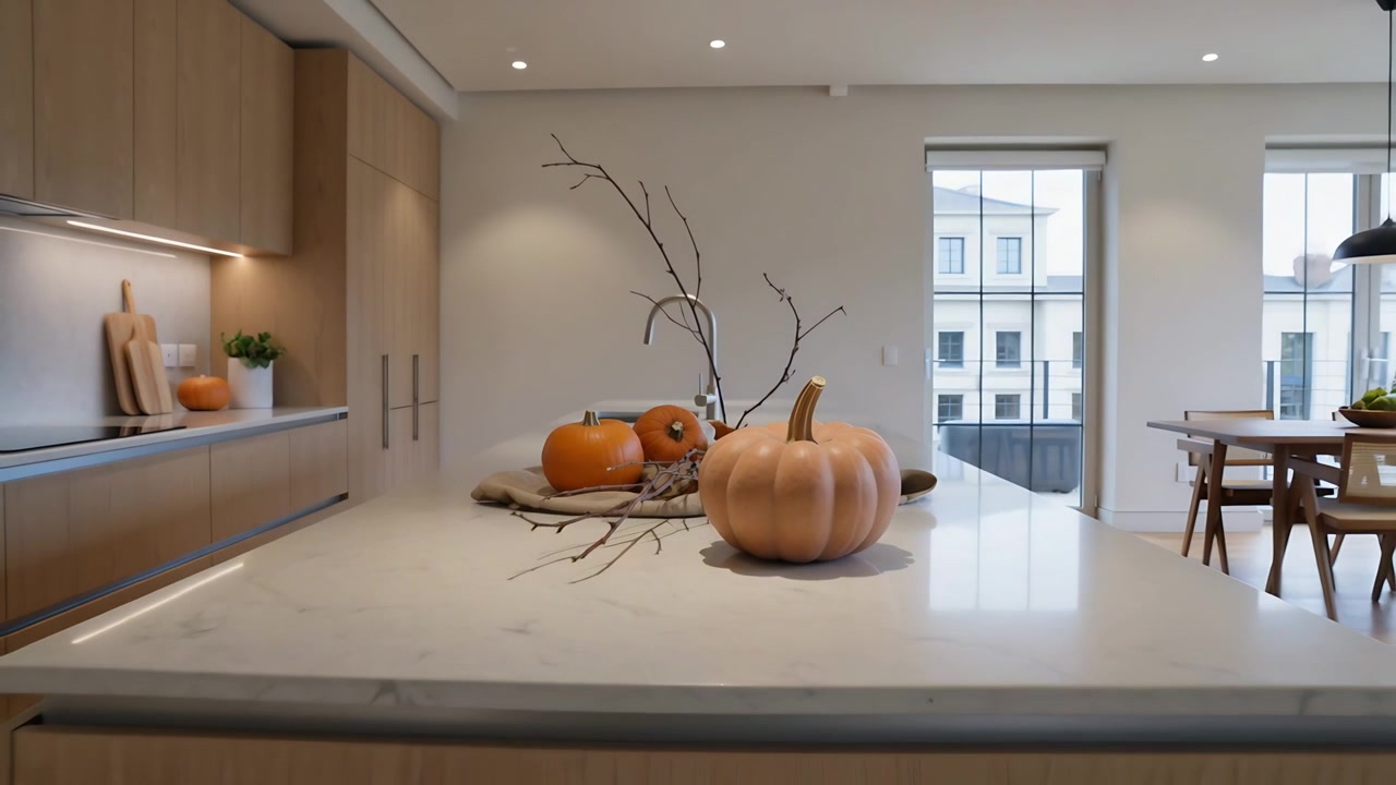 La telecamera si allontana rivelando una zucca color pesca e rami su un'isola di marmo, mostrando la zona pranzo.