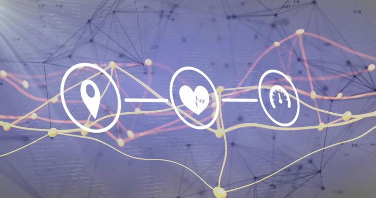 Floating flat white circular icons glowing connecting through orange strands over network web