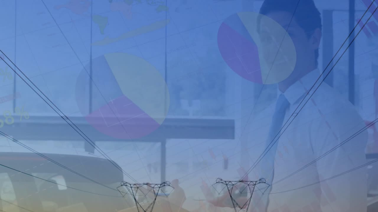 animación de estadísticas y procesamiento de datos sobre empresario biracial y pilones de electricidad