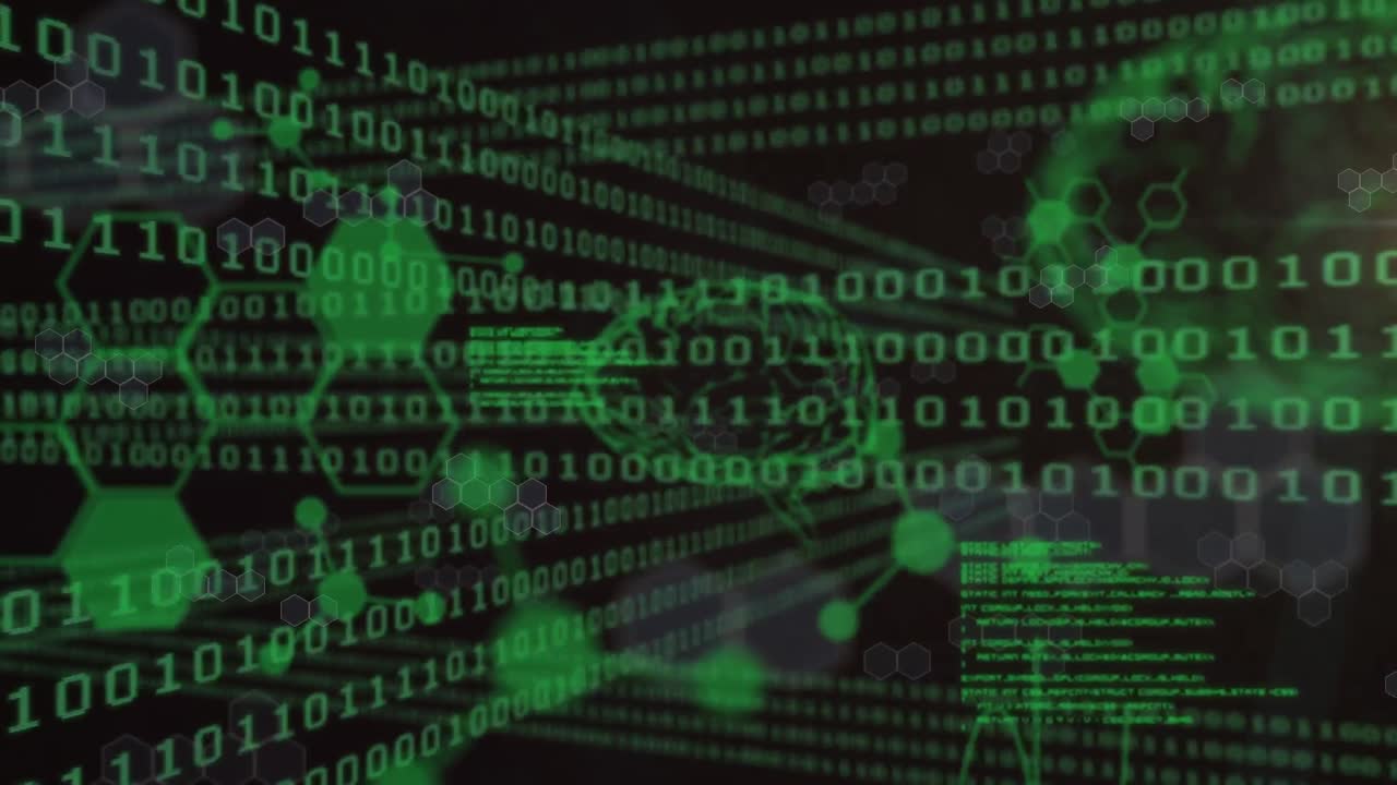 animación del cerebro humano, hexágonos y globo con códigos binarios en bucle y lenguajes informáticos