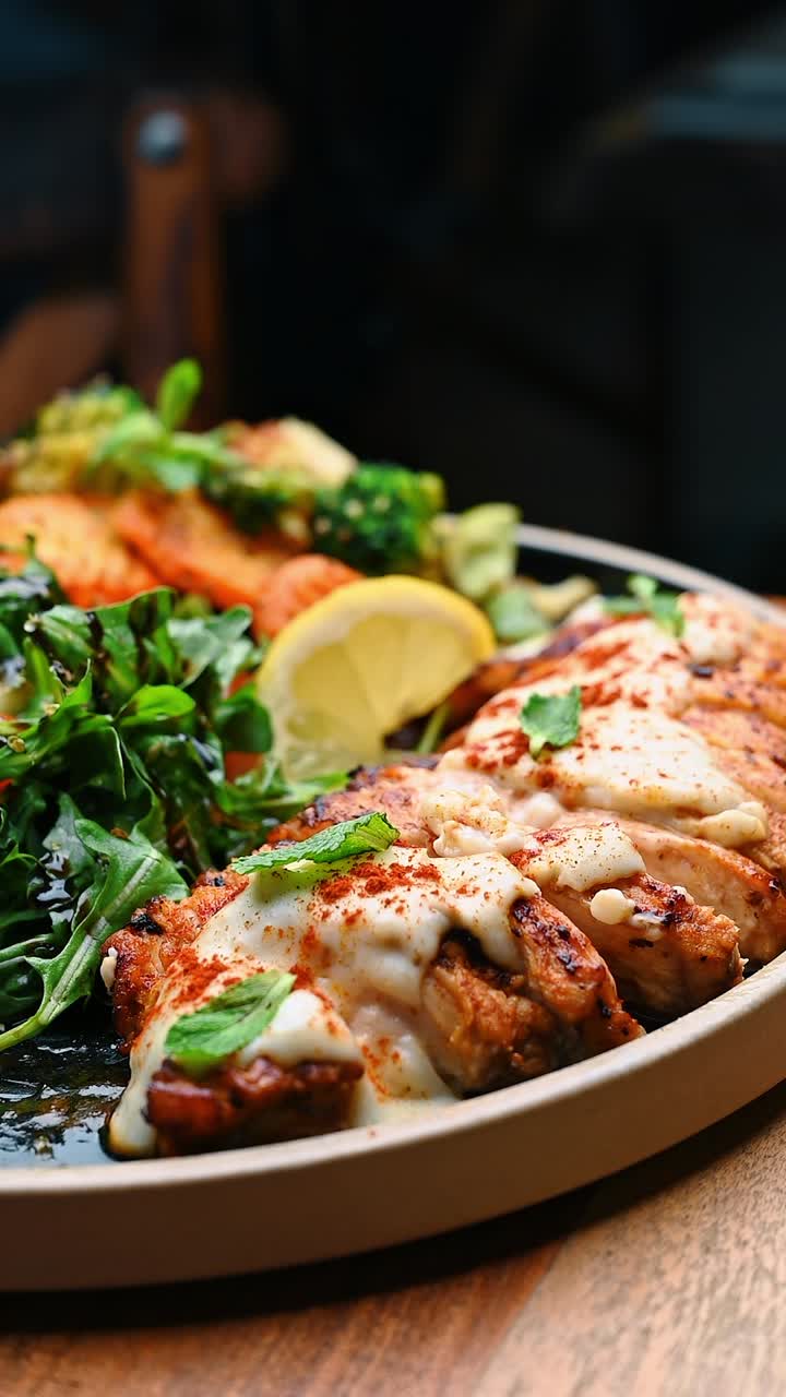 Primo piano di una forchetta che prende pollo grigliato a fette con salsa. Una forchetta in acciaio inossidabile che solleva pollame affettato e condito con salsa bianca cremosa e paprika, in un contesto da ristorante.