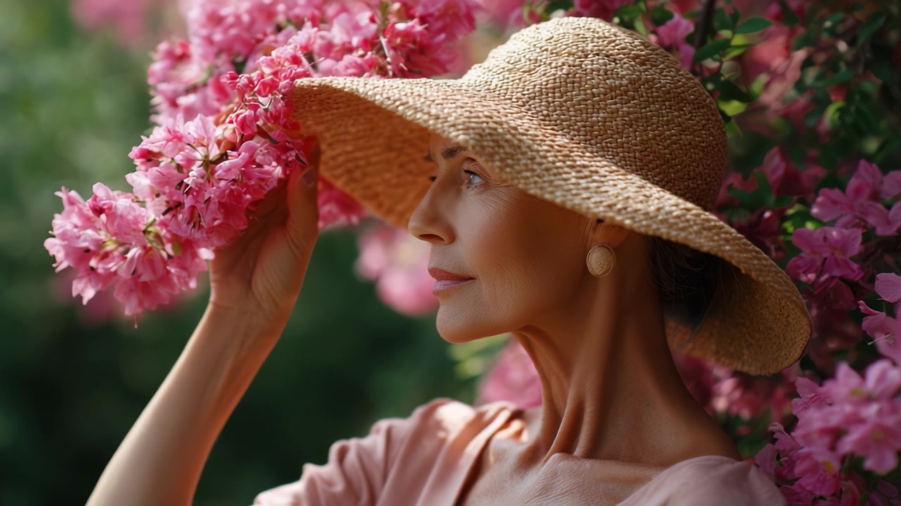 Un moment serein : une femme au chapeau de paille touchant délicatement de vibrantes fleurs de bougainvillier roses, dégageant grâce et beauté naturelle au milieu d'une verdure luxuriante.