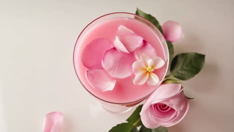 elegant pink drink with rose petals and flowers
