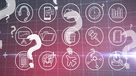 Animation-of-red-question-marks-flying-over-set-of-digital-icons-on-grid-in-background