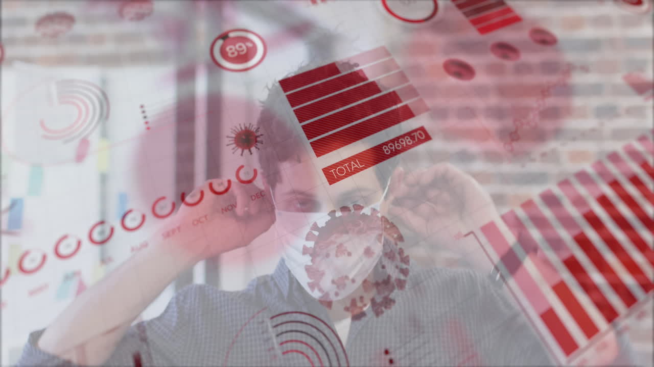 데이터 처리 및 코로나 19 바이러스 세포의 애니메이션 얼굴 마스크를 착용한 사람