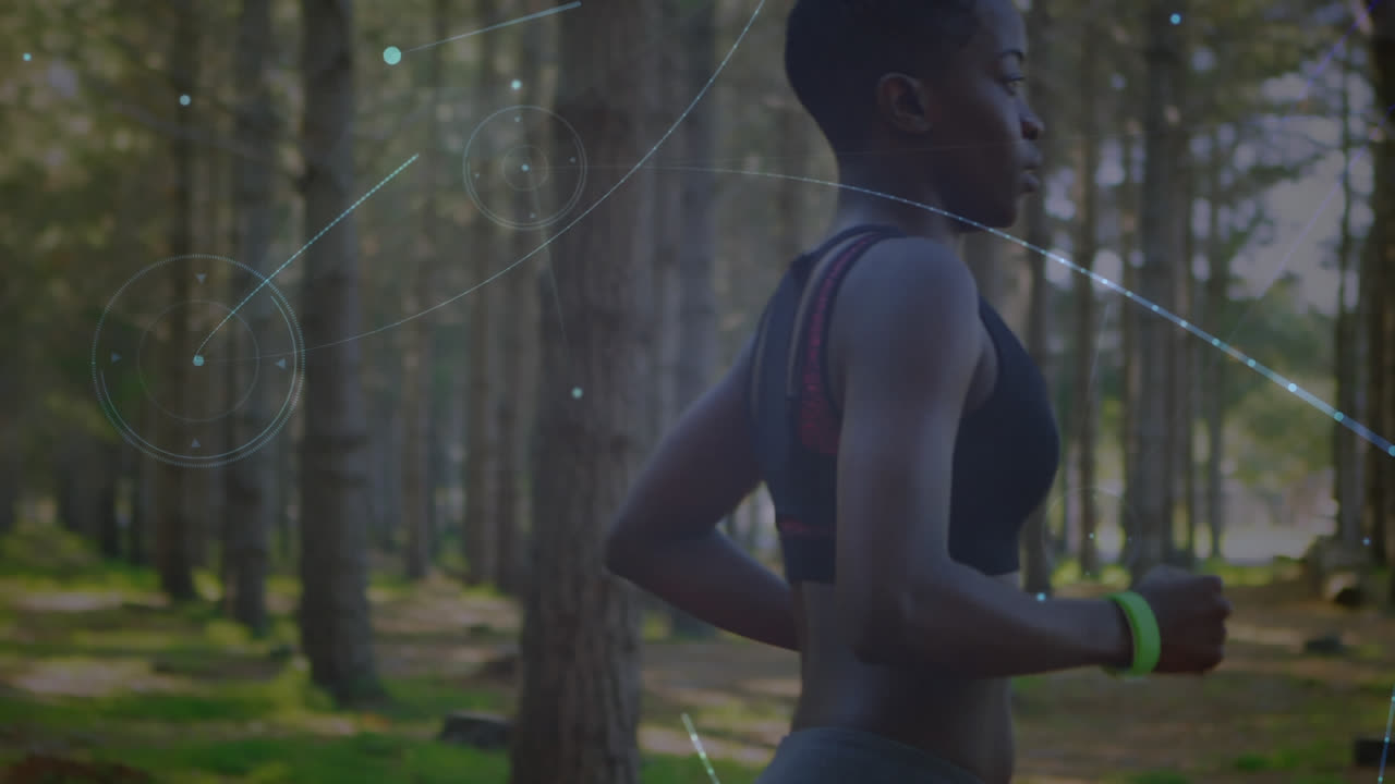 Animation of network of connections over woman exercising in forest