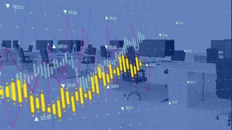 Animation-of-changing-numbers,-multiple-graphs-over-unoccupied-chairs,-desktops-on-desk-at-office