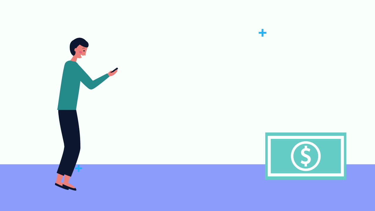 joven empresario que usa un teléfono inteligente y un billete de dólar