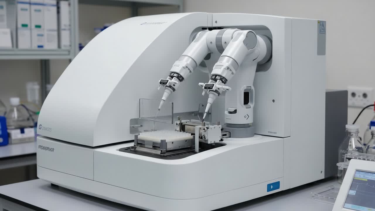 Advanced Laboratory Robotic System Showcasing Precision Engineering and Automation in Scientific Research Apparatus with Dual Robotic Arms in Action