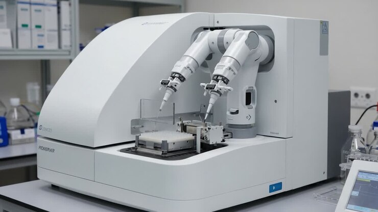 Advanced Laboratory Robotic System Showcasing Precision Engineering and Automation in Scientific Research Apparatus with Dual Robotic Arms in Action