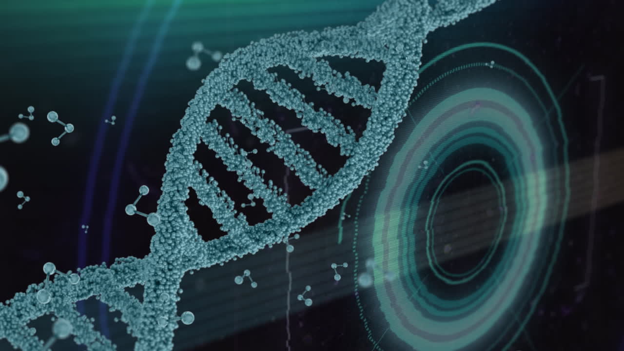 Dna structure and chemical structures against light trails and neon scanners on green background