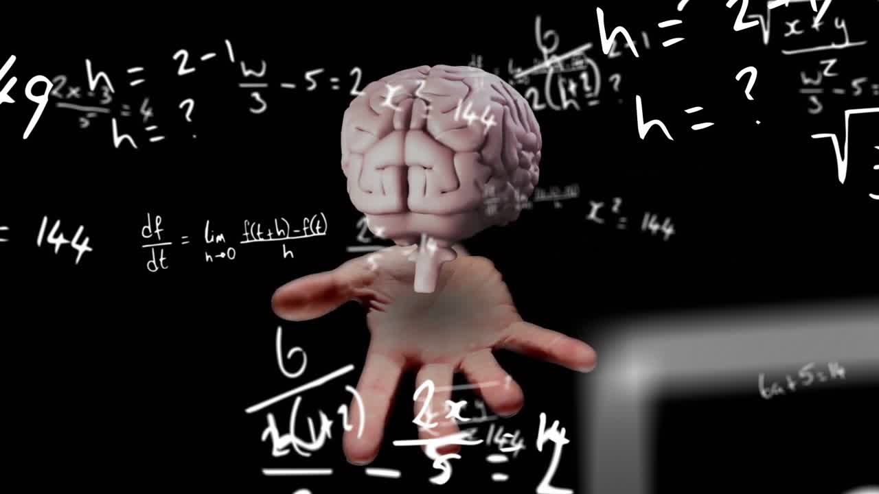 Equazione che appare nel vuoto, cervello che svanisce sulla mano, equazioni rotanti che orbitano mostrando matematica