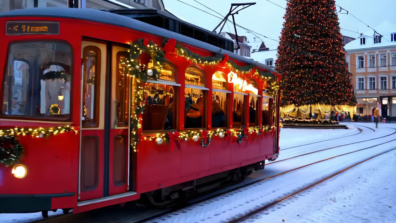 눈 인 도시 에서 장식 된 크리스마스 트램