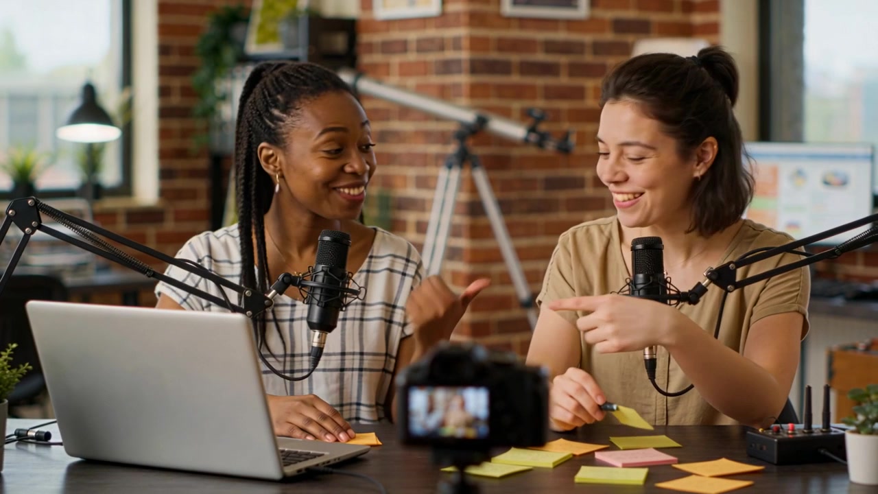 Picking green sticky note, right woman reading and moving microphone in studio, planning podcast