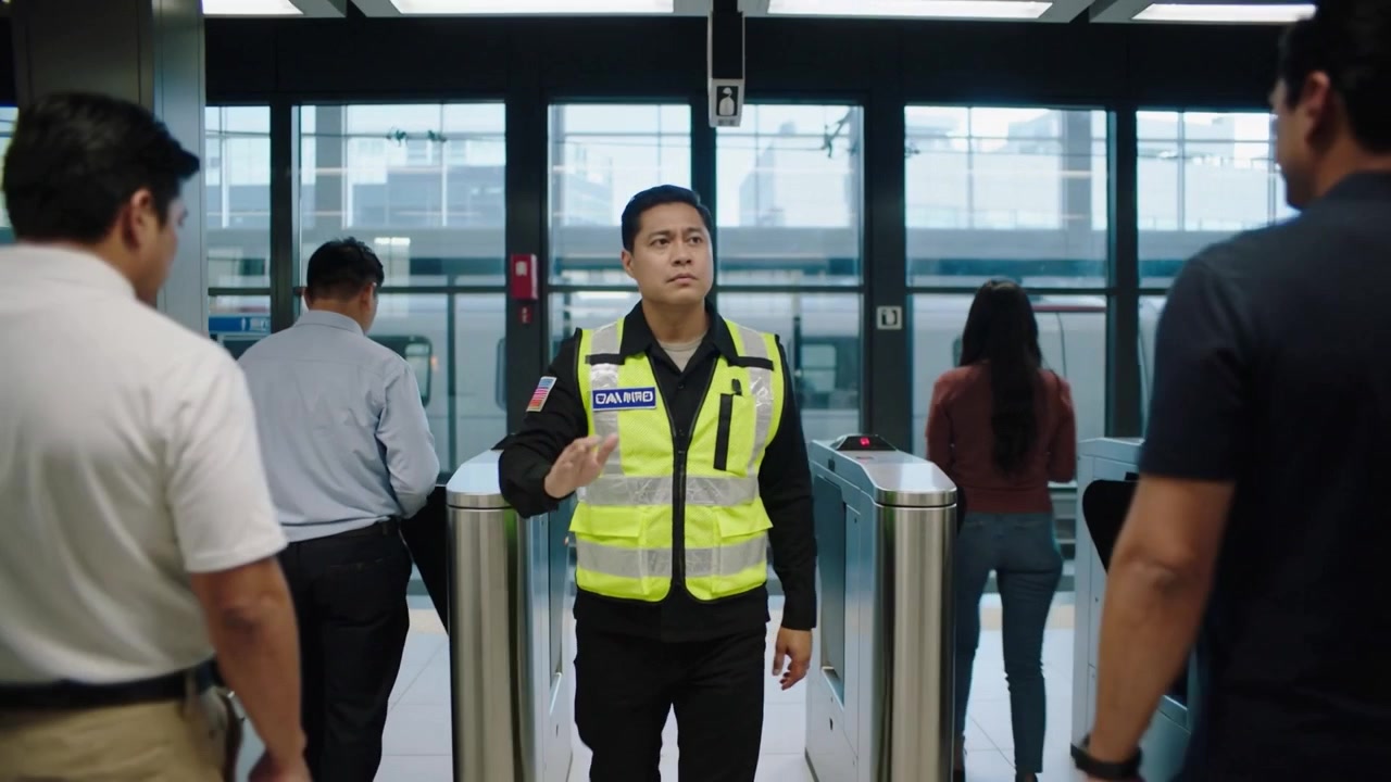 Transit guard wearing yellow vest signaling approaching commuters at station gates allowing passage