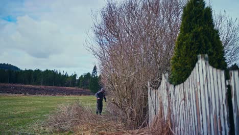 time-lapse of a man cutting dried trees in the yard with a wooden fence