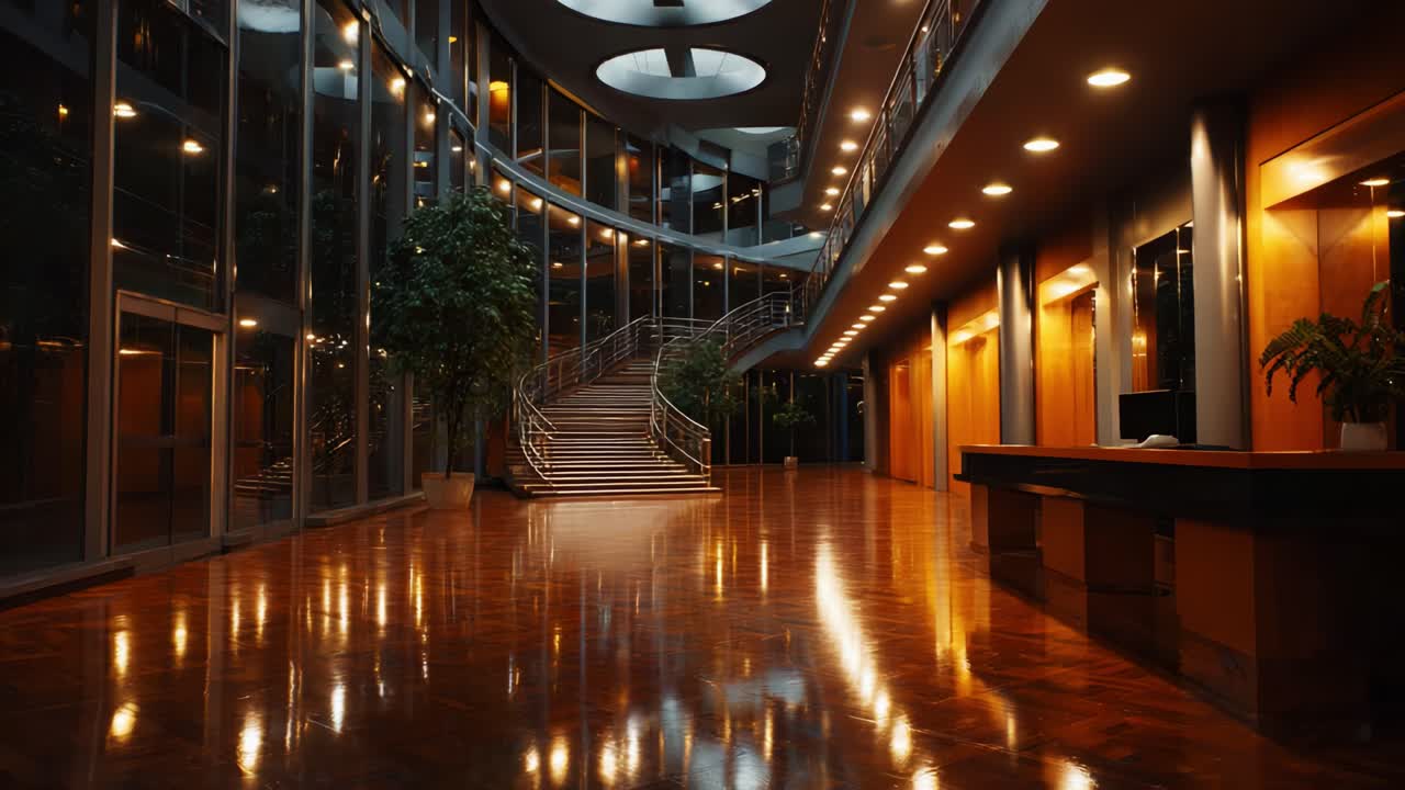Elegante arquitectura moderna que muestra un interior amplio y bien iluminado con un diseño elegante, reflejos y una exuberante vegetación en un entorno tranquilo