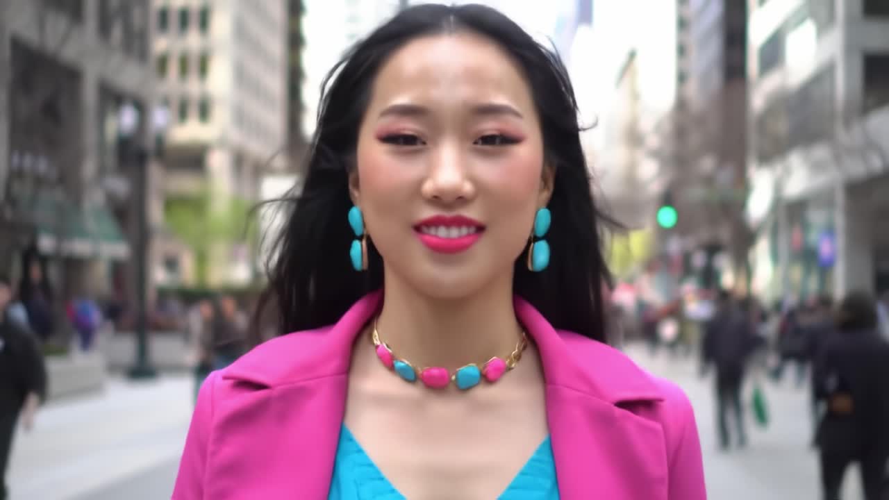 A woman dressed in a bright pink blazer and blue dress strolls confidently down a bustling city street. People surround her, highlighting the vibrant atmosphere of urban life.