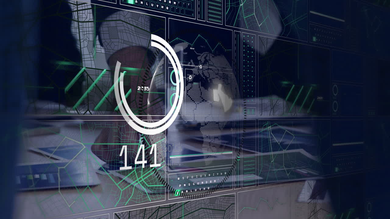 Hands typing on laptop keyboard visualizing dynamic data panels floating across dimly lit workspace