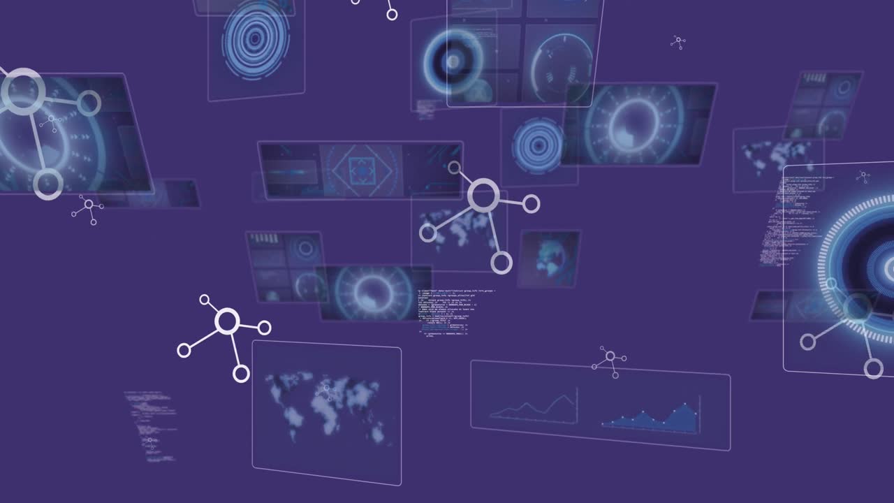 Animation of floating nucleotides over circles, radars, maps and globe against abstract background