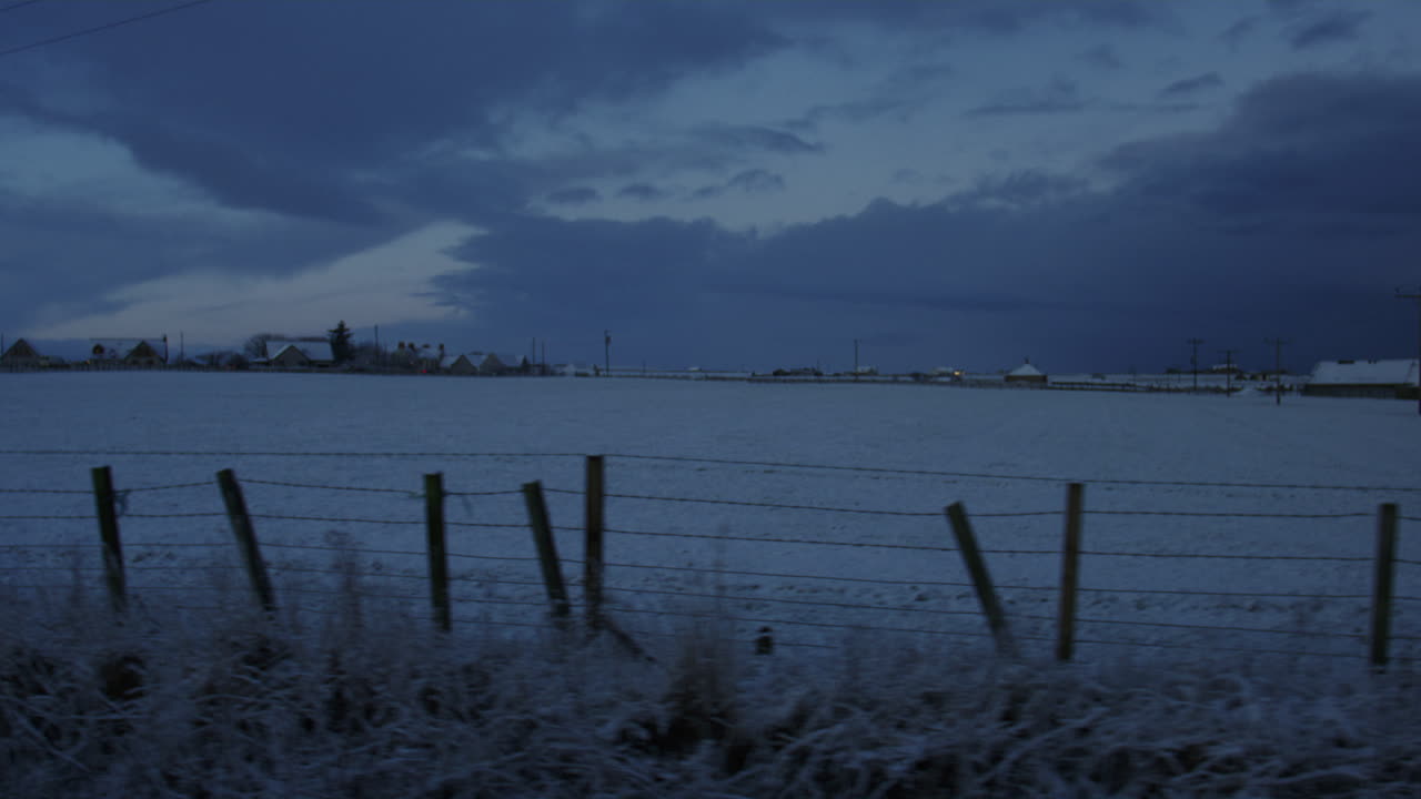 Still lake reflects barren winter trees and soft blue dusk sky in rural Irish valley