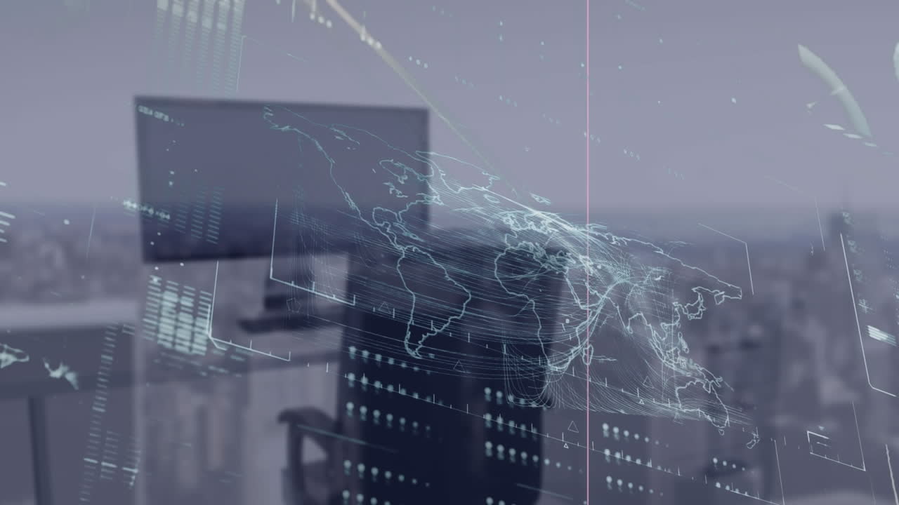 도시 풍경의 공중 전망에 대한 세계 지도에 대한 데이터 처리 인터페이스의 애니메이션