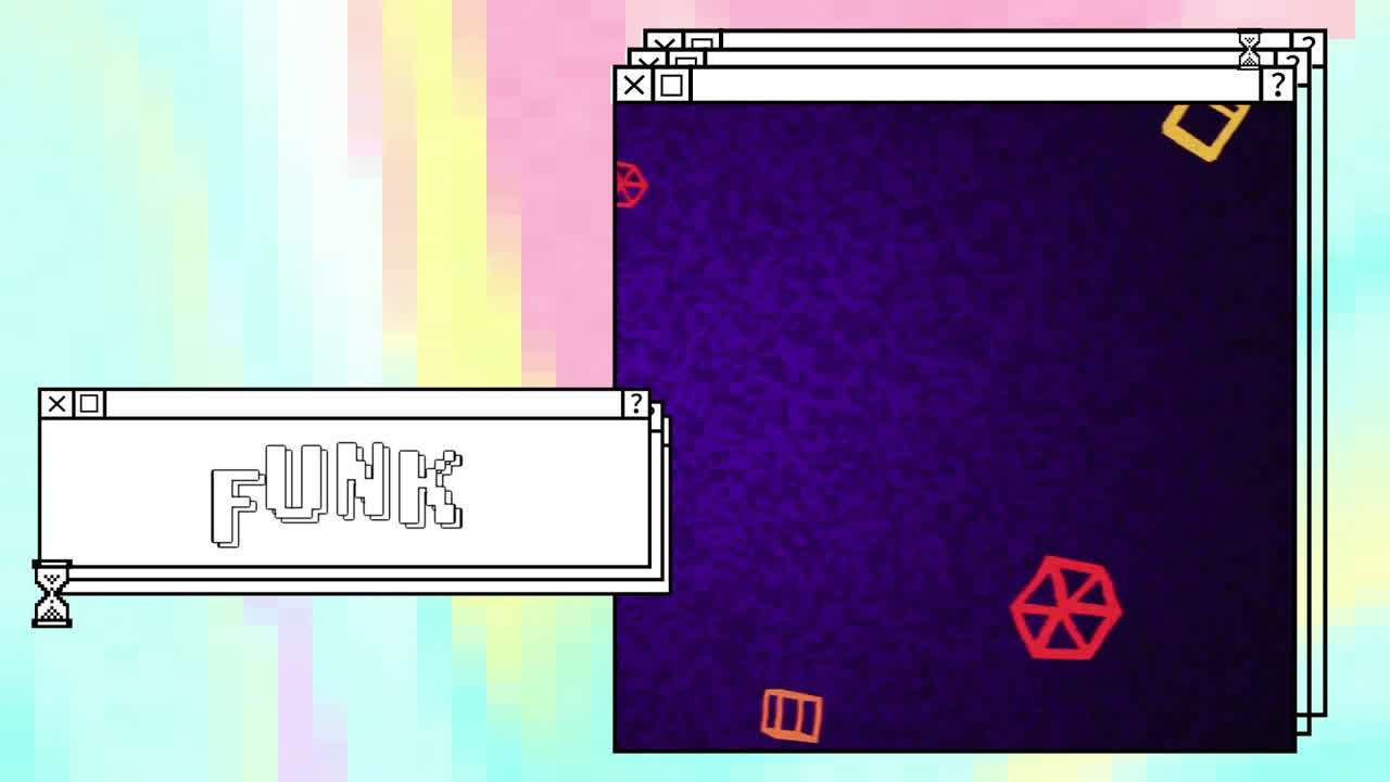 Animation of digital interfaces with moving shapes and funk text on colourful background