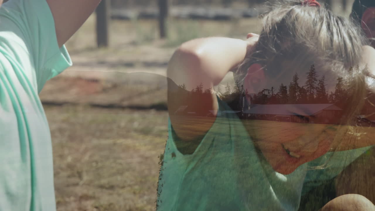Stretching outdoors, person with forest and sunset animation in background