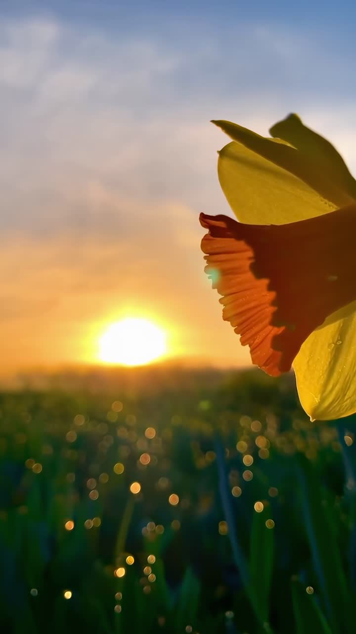 Primer plano de un narciso al amanecer, capturando tonos dorados y efecto bokeh