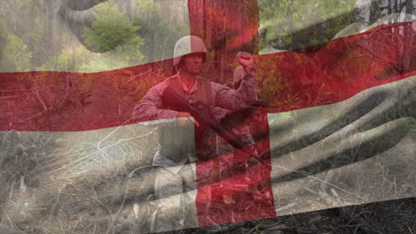 animation of flag of england over caucasian male soldiers with rifle