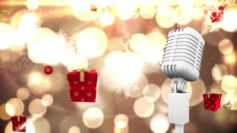 Animation-of-vintage-microphone-with-christmas-presents-falling