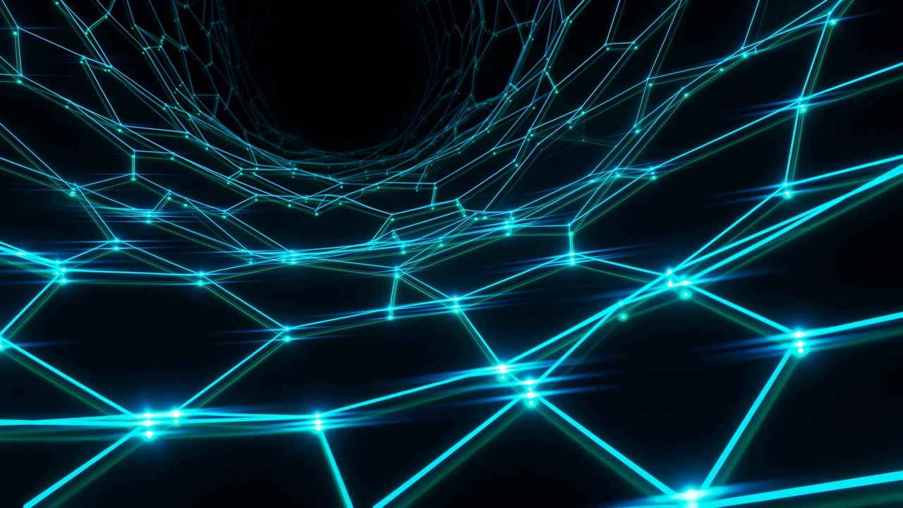 Futuristic Turquoise Grid Tunnel Leading Into Deep Digital Void, Glowing Node Intersections Form Connected